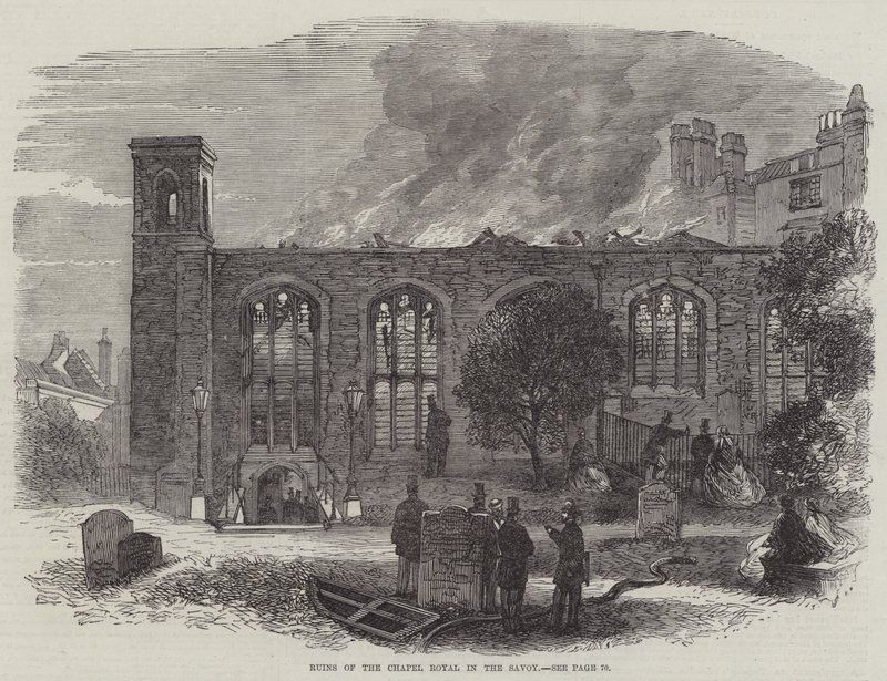 Ruinene av Chapel Royal in the Savoy (gravering) av English School
