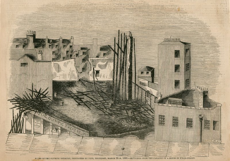 Ruinene av det olympiske teateret, ødelagt av brann, 29. mars 1849 av English School