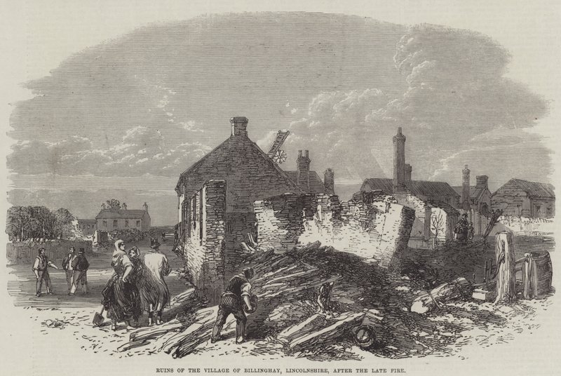 Ruinene av landsbyen Billinghay, Lincolnshire, etter den sene brannen (gravering) av English School