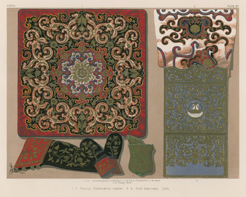 Russisk brodert lær, gullbroderi, Korfu (chromolitho) av English School