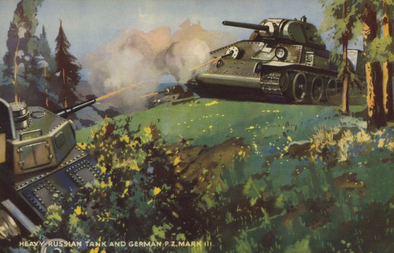 Russisk tung tank og tysk Panzer III, andre verdenskrig (farge litho) av English School
