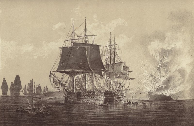 Russisk skip Vsevolod ødelagt i nærvær av den russiske flåten etter aksjonen med HMS Implacable, knyttet til den svenske marinen og kommandert av kaptein Thomas Byam Martin, i Baltikum, 26. august 1808 (litho) av English School