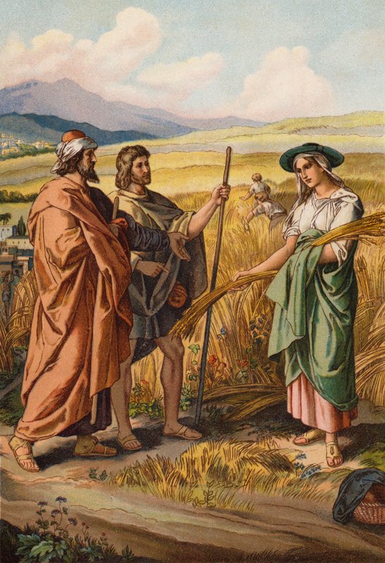 Ruth spør Boas om hun kan sanke i åkeren hans (chromolitho) av English School