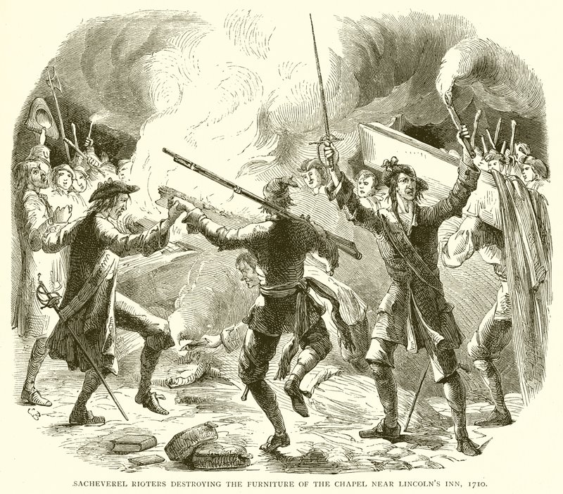 Sacheverel Rioters ødelegger møblene til kapellet nær Lincolns Inn, 1710 av English School