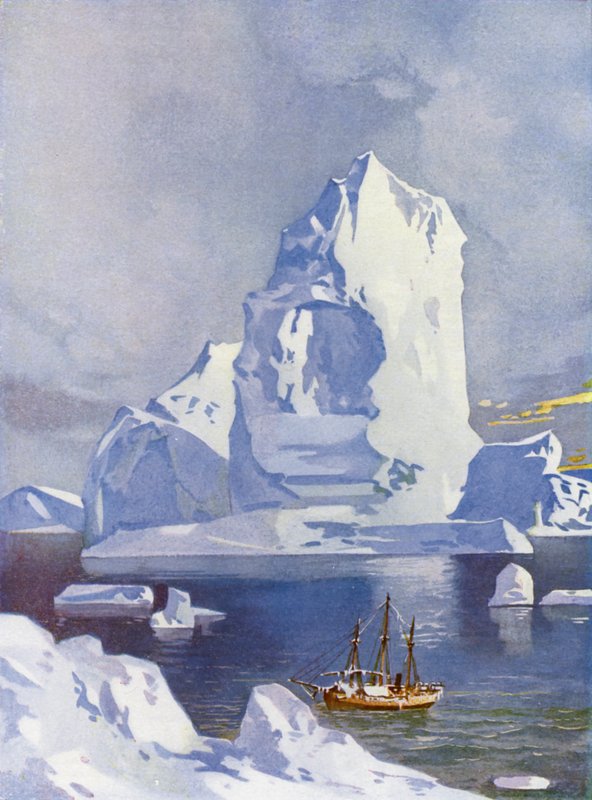 Seilskip foran et gigantisk isfjell (farge litho) av English School