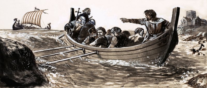 Saint Malo rømmer fra plyndrende vikinger (gouache på papir) av English School