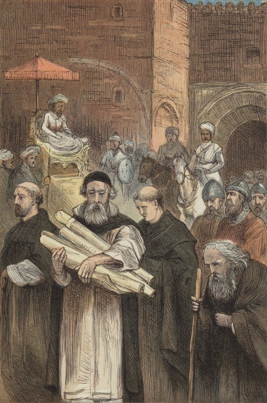 Saladin tillater de kristne å forlate Jerusalem (farget gravering) av English School