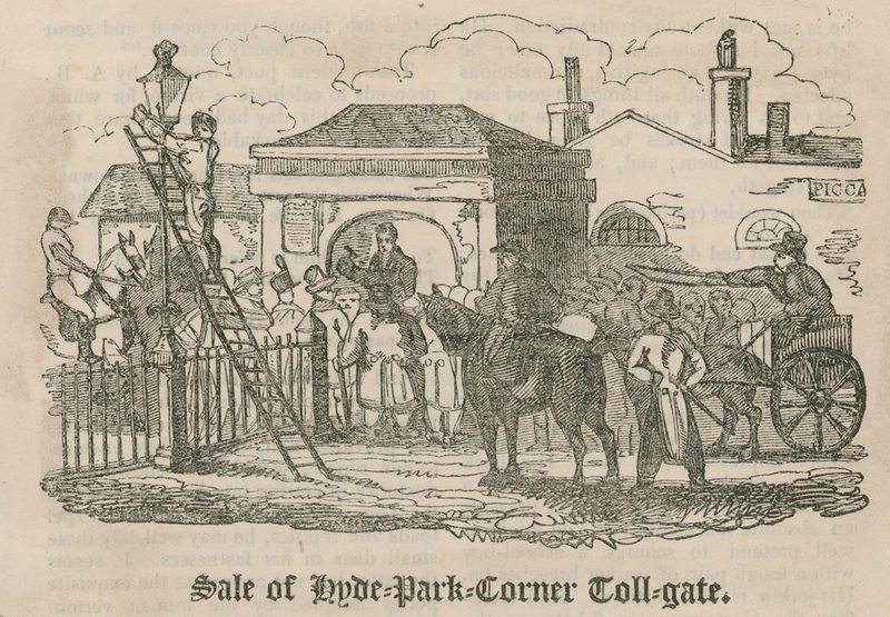 Salg av bomport (Hyde Park Turnpike), Hyde Park Corner, London av English School