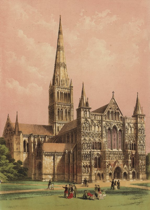 Salisbury-katedralen, Wiltshire (fargelitografi) av English School