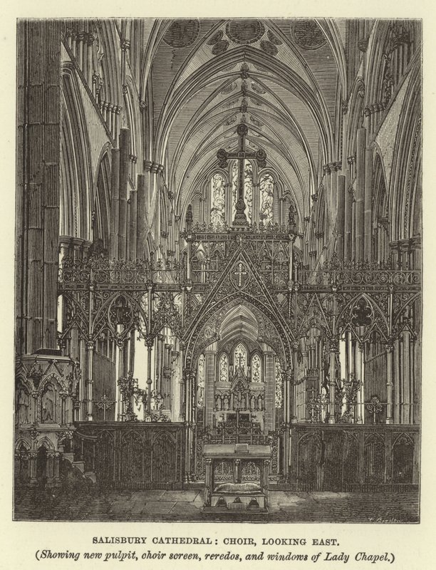 Salisbury Cathedral, kor, ser østover, viser ny prekestol, korskjerm, reredos og vinduer i Lady Chapel av English School