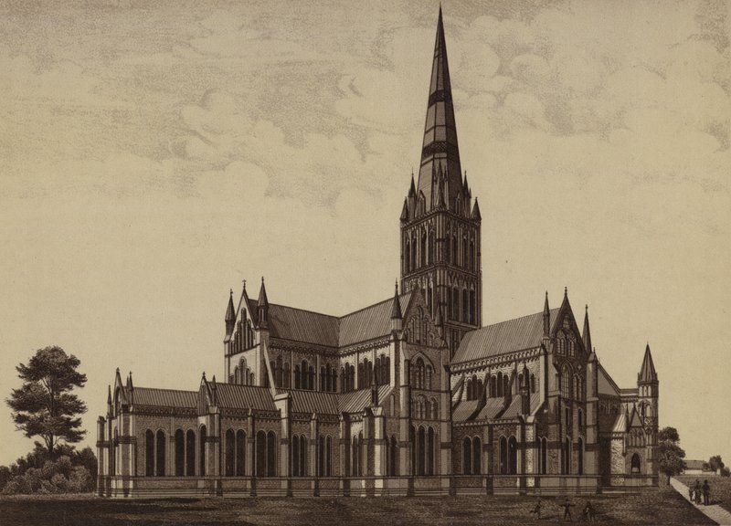 Salisbury Cathedral, fra nordøst (litho) av English School