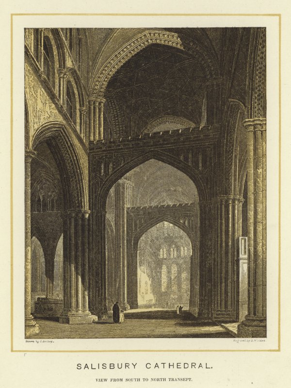 Salisbury Cathedral, utsikt fra sør til nord transept av English School