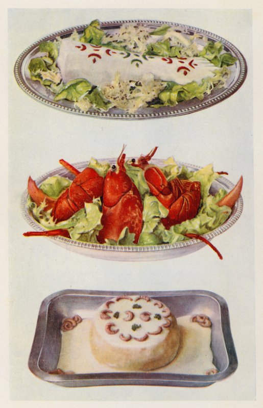 Laksemajones; Hummer salat; Fiskesufflé (farge litho) av English School