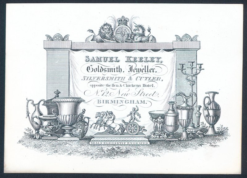 Samuel Keeley, gullsmed, gullsmed, sølvsmed og kutter, handelskort av English School