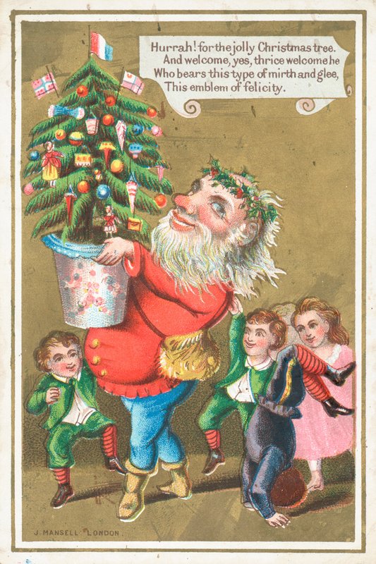 Julenissen bærer juletre, julekort av English School