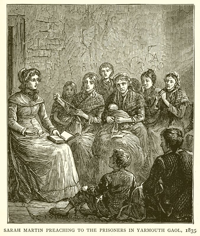 Sarah Martin forkynner for fangene i Yarmouth Gaol, 1835 av English School