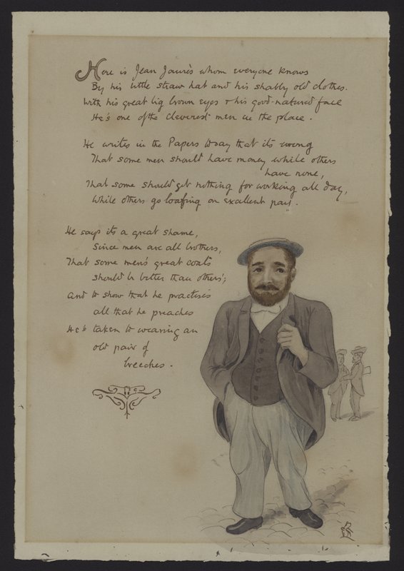 Satirisk rim om den franske sosialistiske politikeren Jean Jaures (farge litho) av English School