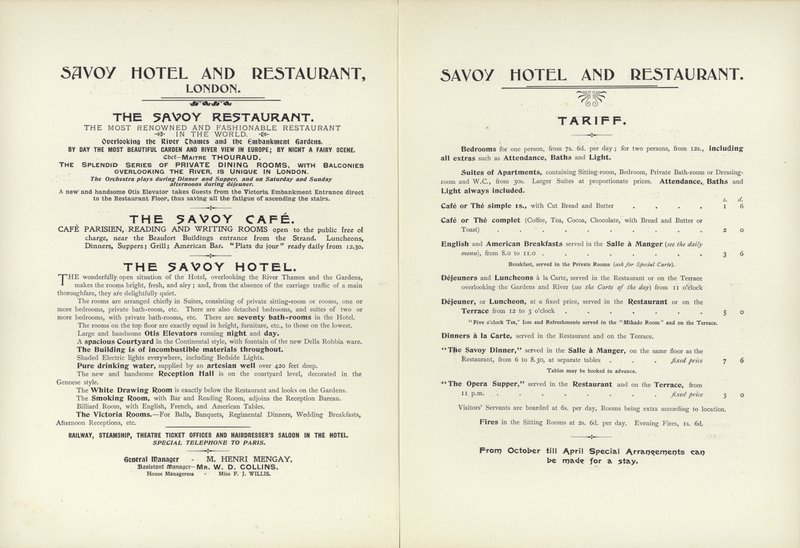 Savoy Hotel-tariff, 1900 av English School