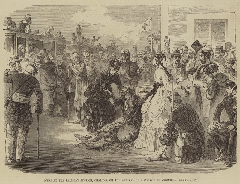 Scene på jernbanestasjonen, Chalons, ved ankomsten til en konvoi av sårede (gravering) av English School