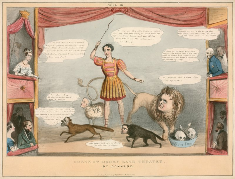 Scene fra Drury Lane Theatre, London; tegnefilm av English School