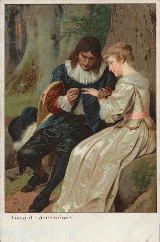 Scene fra Gaetano Donizettis tragiske opera Lucia di Lammermoor (chromolitho) av English School