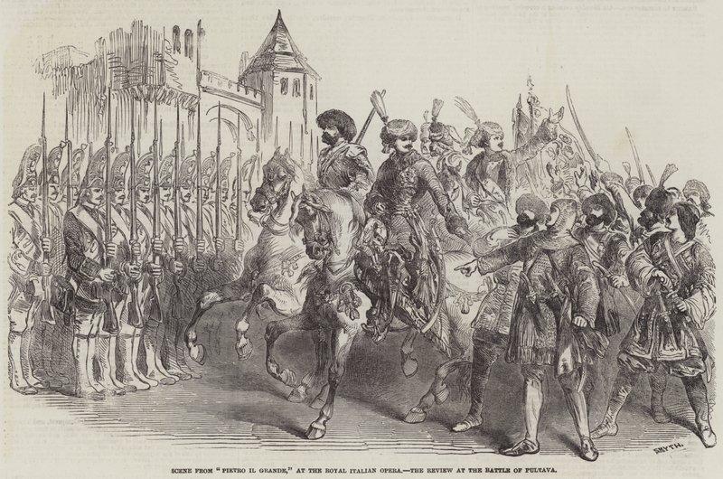 Scene fra "Pietro il Grande," på Royal Italian Opera, anmeldelsen ved slaget ved Pultava (gravering) av English School