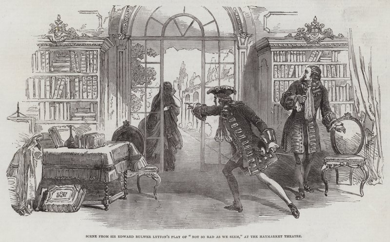 Scene fra Sir Edward Bulwer Lyttons skuespill av "Not So Bad As We Seem," på Haymarket Theatre (gravering) av English School