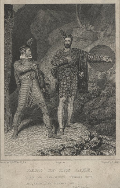 Scene fra Sir Walter Scotts dikt The Lady of the Lake (gravering) av English School