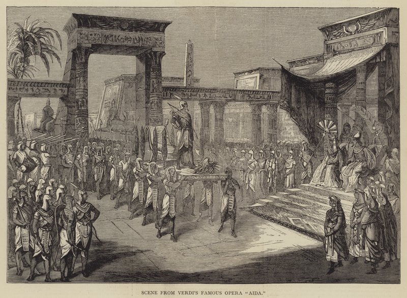 Scene fra Verdis berømte opera "Aida" (gravering) av English School