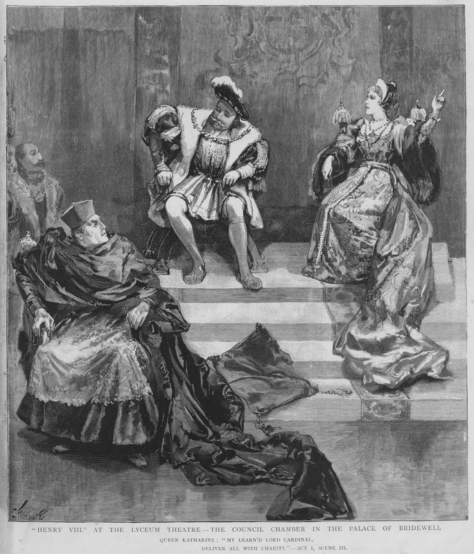Scene fra en produksjon av Shakespeares Henry VIII på Lyceum Theatre, London (litho) av English School