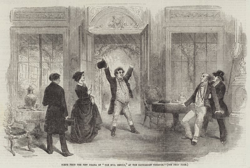 Scene fra det nye dramaet til "The Evil Genius," på Haymarket Theatre (gravering) av English School
