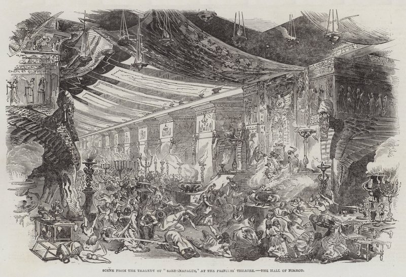 Scene fra tragedien til "Sardanapalus," ved Princess' Theatre, Hall of Nimrod (gravering) av English School