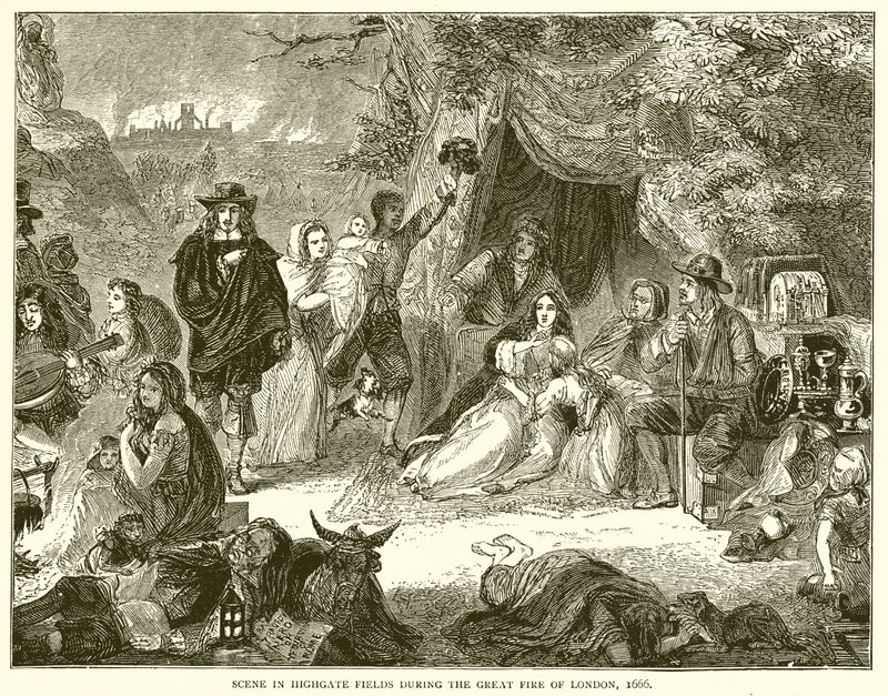 Scene i Highgate Fields under den store brannen i London, 1666 av English School