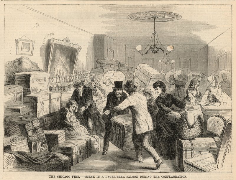 Scene i en lagerølsalong under brannen av English School