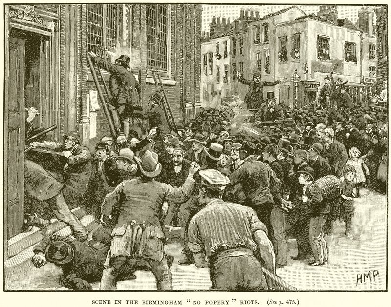 Scene i Birmingham No Popery Riots av English School