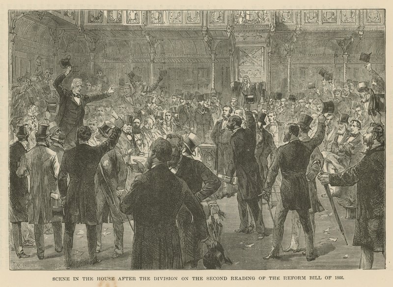 Scene i Underhuset etter delingen ved andre lesing av reformforslaget fra 1866 av English School