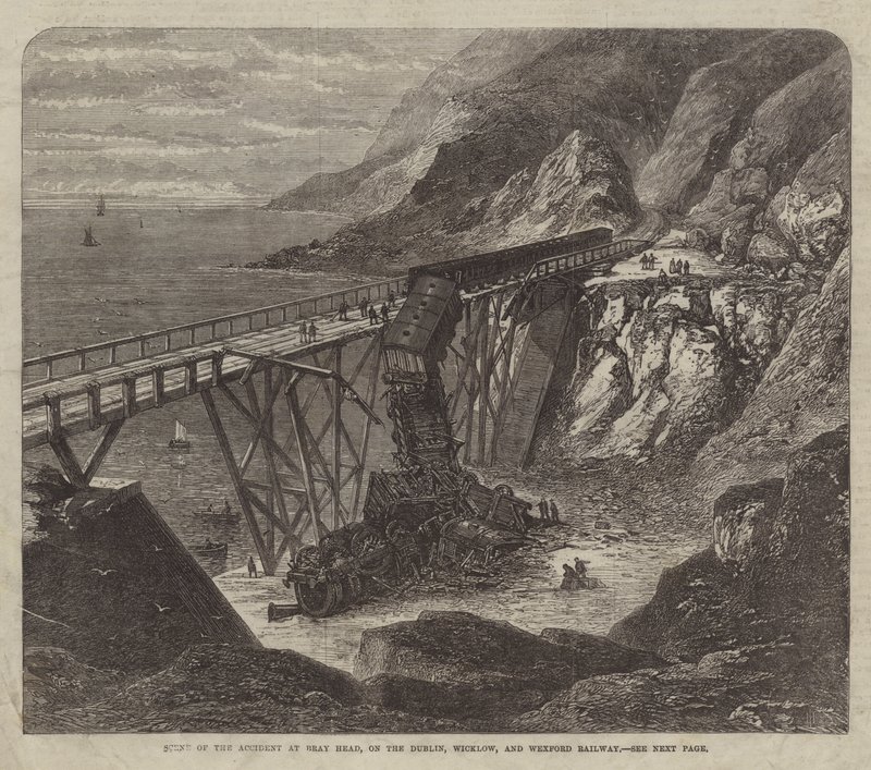 Scene for ulykken ved Bray Head, på Dublin, Wicklow og Wexford Railway (gravering) av English School