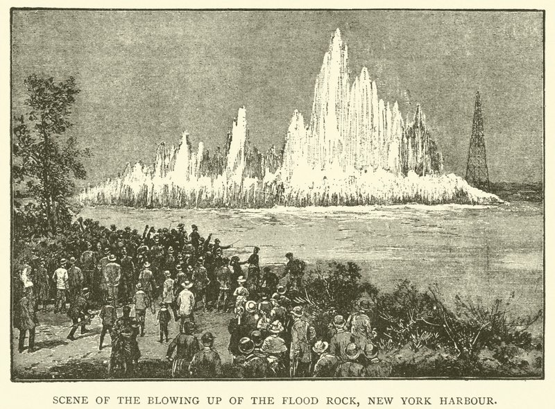 Scene for sprengningen av Flood Rock, New York Harbor (gravering) av English School