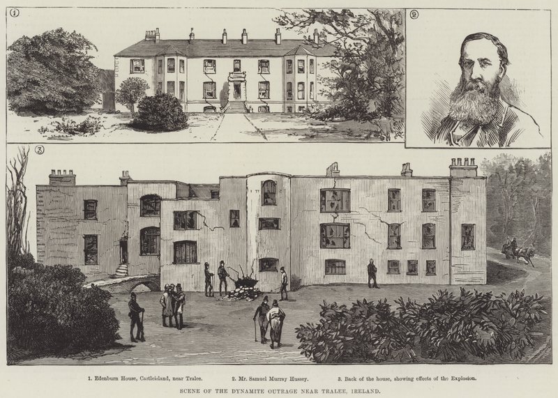 Scene av Dynamite Outrage nær Tralee, Irland (gravering) av English School