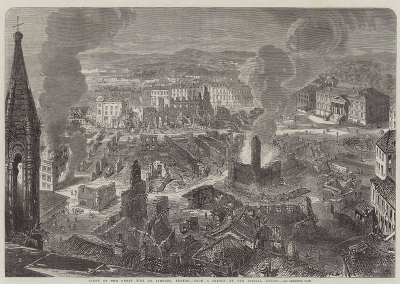 Scene for den store brannen i Limoges, Frankrike (gravering) av English School