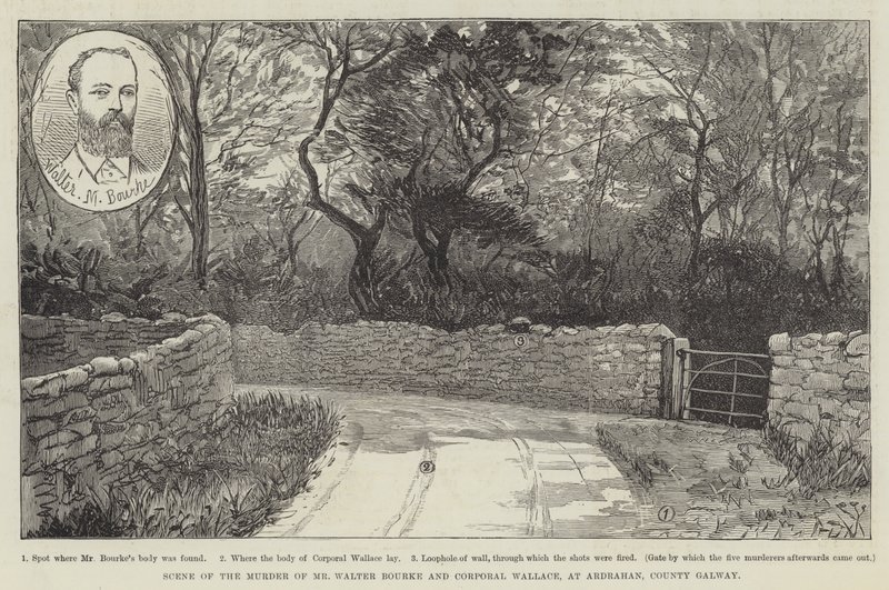 Scene for drapet på herr Walter Bourke og korporal Wallace, i Ardrahan, County Galway av English School