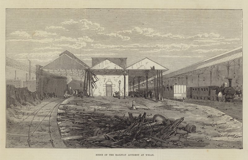 Scene for jernbaneulykken ved Wigan (gravering) av English School