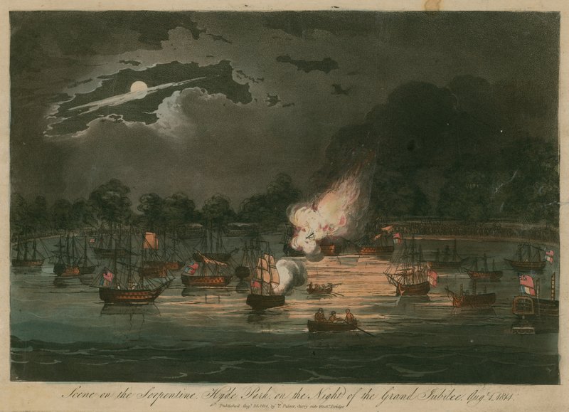 Scene på Serpentine, Hyde Park, London, natten til Grand Jubilee av English School
