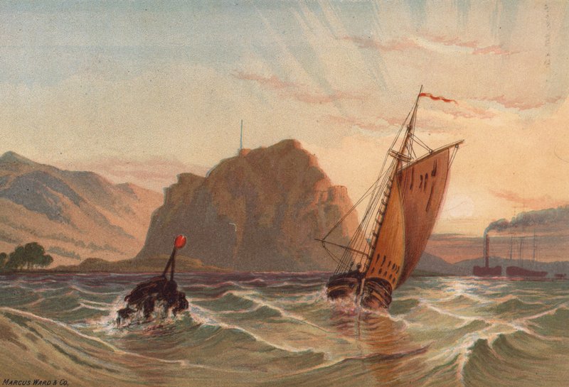 Skottland, Dumbarton Castle (farge litho) av English School