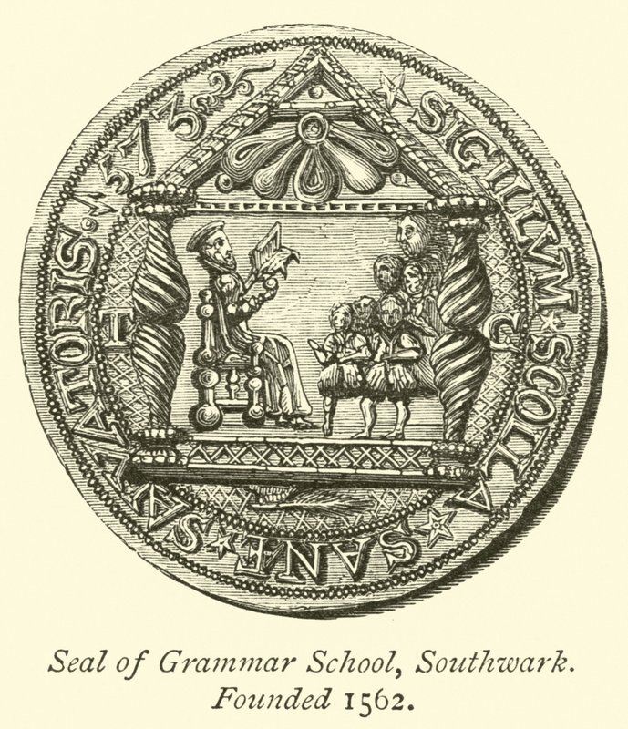 Seal of Grammar School, Southwark, grunnlagt 1562 av English School