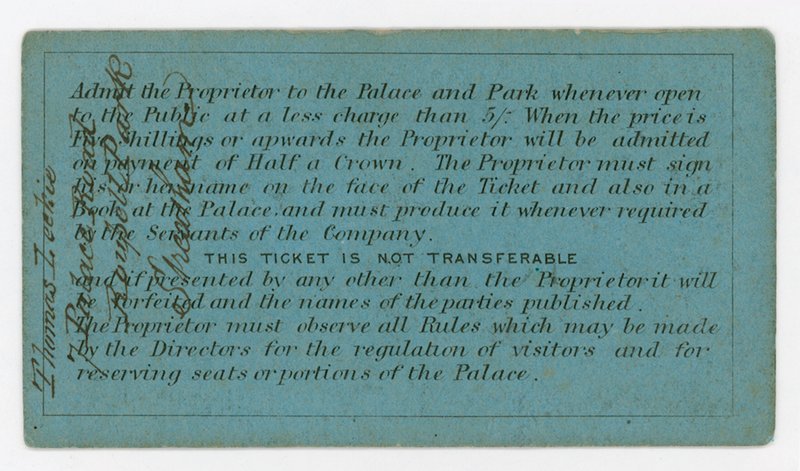 Sesongkort for adgang til Crystal Palace, 186162, omvendt, viser regler av English School