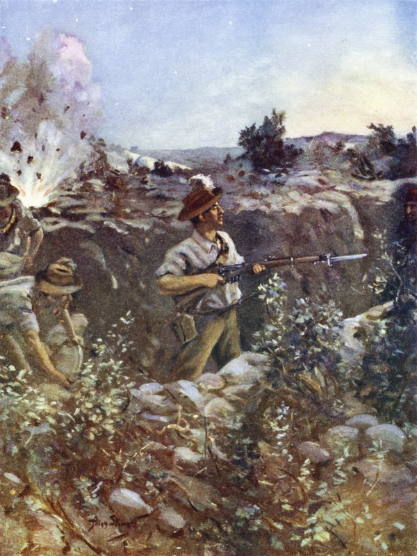 Sekundløytnant Hugo Throssell holder en del av en fanget tyrkisk skyttergrav mot fiendens motangrep, Hill 60, Gallipoli, 29. august 1915 av English School