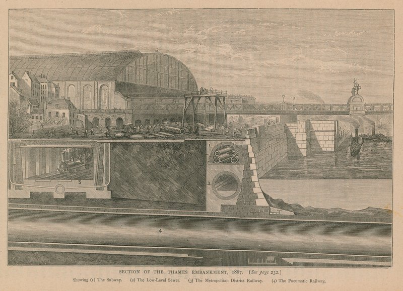 Seksjon av Thames Embankment, 1867 av English School