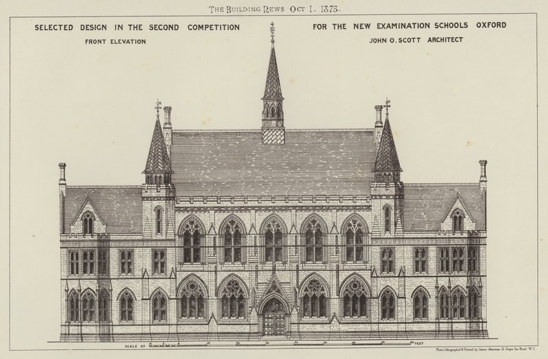 Utvalgt design i den andre konkurransen for de nye eksamensskolene Oxford, Front Elevation (gravering) av English School