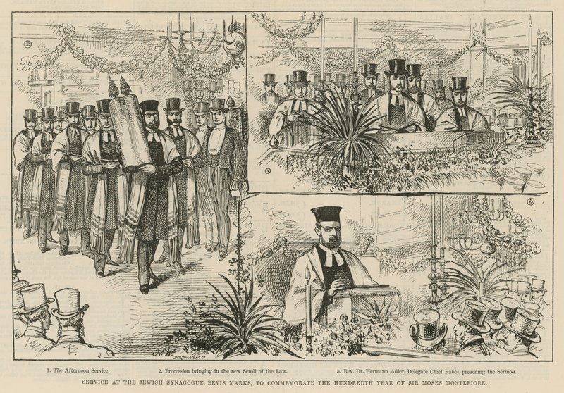 Gudstjeneste ved den jødiske synagogen, Bevis Marks, for å minnes det hundreåret til Sir Moses Montefiore av English School